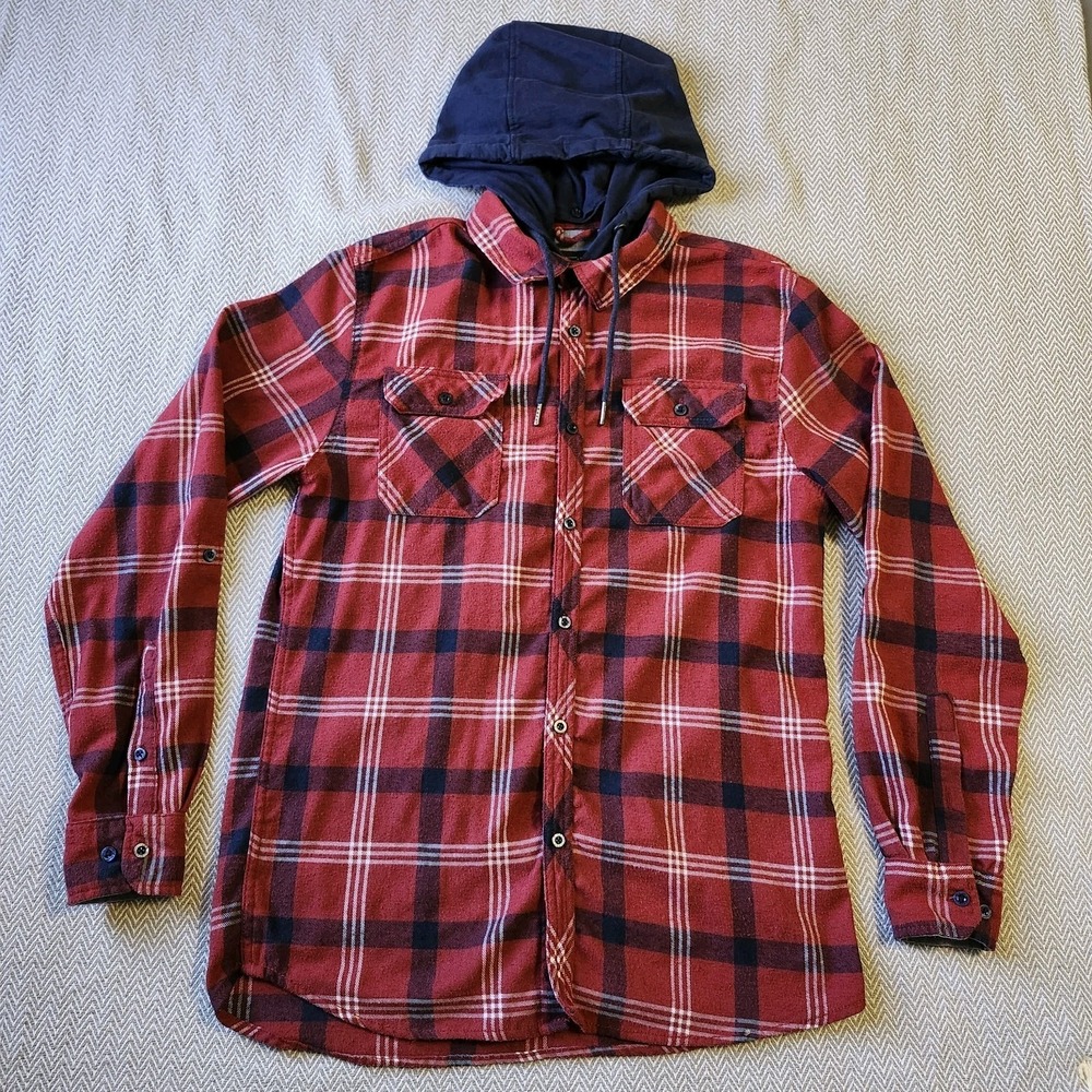 Silver Jeans Co Mens Plaid Button Up Shirt Detachable Hoodie Size Medium